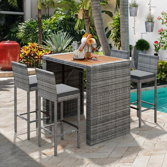 <Old SKU: FG201216AAE> GO 5-pieces Outdoor Patio Wicker Bar Set, Bar Height Chairs With Non-Slip Feet And Fixed Rope, Removable Cushion