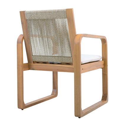2-Piece Outdoor Dining Chairs Set: Acacia Wood with Multi Brown Rope Back & Beige Cushion, Water Repellent Fabric, 400 lbs Capacity, Light Teak Finish