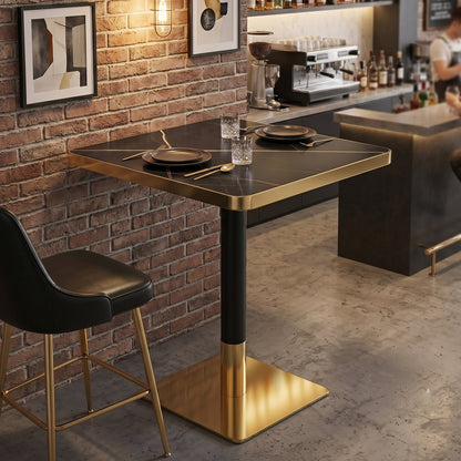 24" Square Faux Black Marble Bistro Table, 28.8" High Modern Dining Table with High Gloss UV Finish & Gold Metal Trim Edge, Heavy-Duty Stainless Steel Base Frame for Small Spaces, Cafe, Kitchen, Bistr