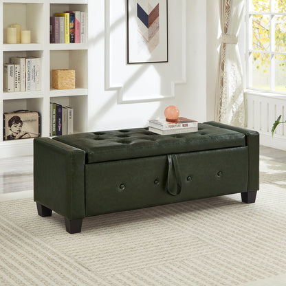 48" Ottoman Bench with Storage, Upholstered Tufted Faux Leather PU Ottoman Dark Green