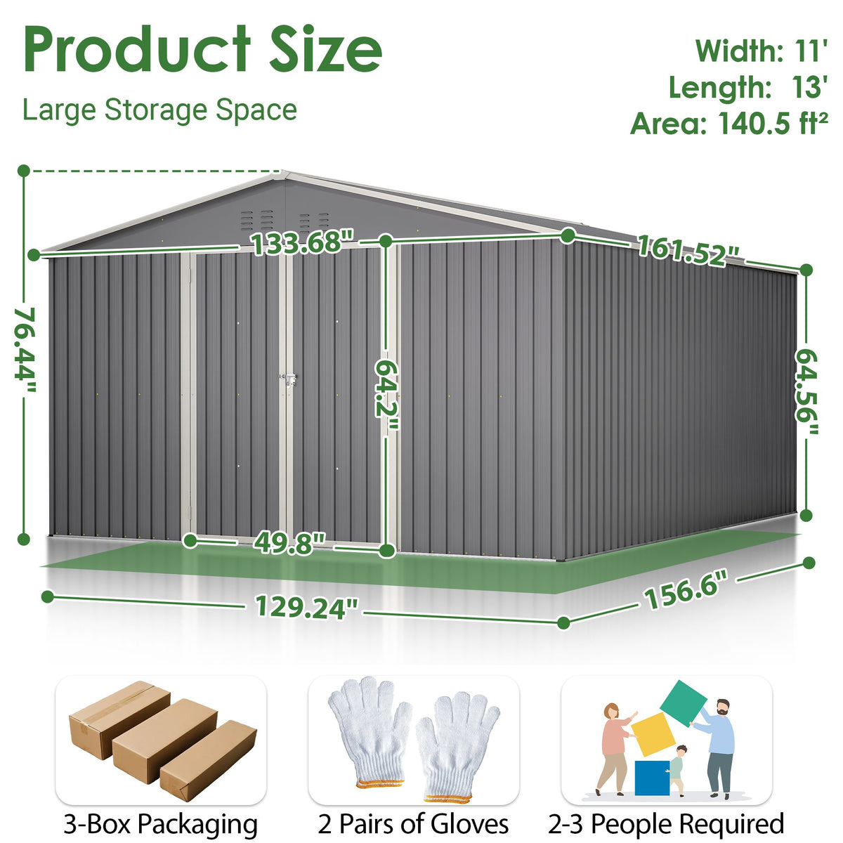 11x13 FT Metal Storage Shed with Reinforced Floor Frame Large 140.5 ft² Outdoor Garden Tool House Lockable Doors & 4 Air Vents Weatherproof