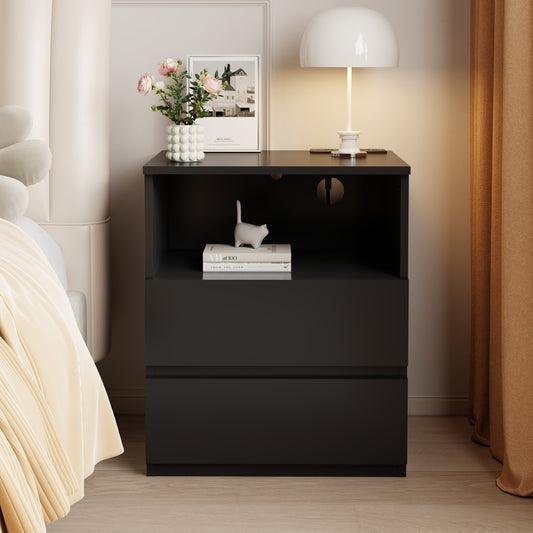 (Set of 2)End Table with Fast USB C Charging Station, Sofa Side Table with 2 Drawers, Large Storage Modern Wood Storage Cabinet, Black