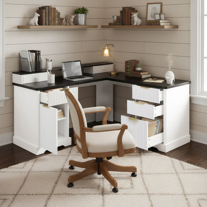 59" Modern Fluted L-Shaped Desk with Charging Station & Storage Cabinet - Home Office Computer Desk with Monitor Stand