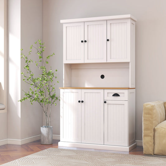 71" Kitchen Pantry Storage Cabinet with Microwave Oven Countertop, Freestanding Hutch Cabinet with Adjustable Shelves
