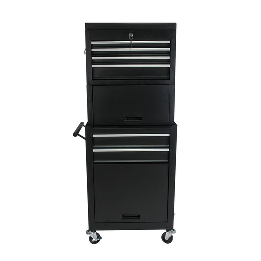 6-Drawer Lockable Tool Cabinet on Wheels - Black Steel Rolling Tool Chest with Detachable Toolbox - 2-in-1 Garage Workshop Storage