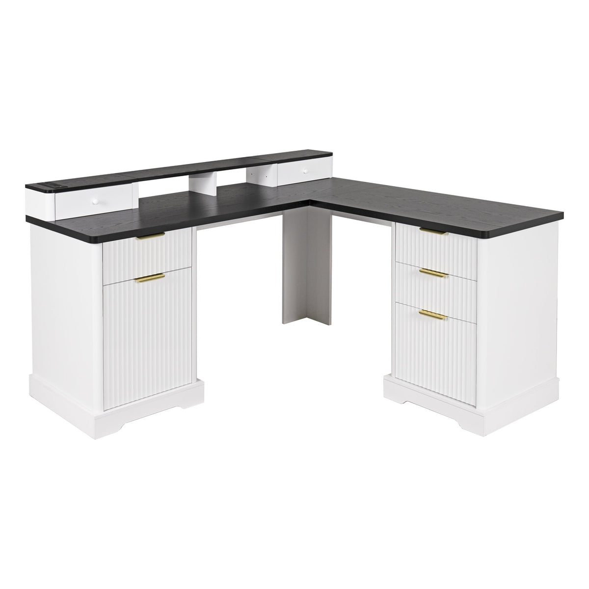 59" Modern Fluted L-Shaped Desk with Charging Station & Storage Cabinet - Home Office Computer Desk with Monitor Stand