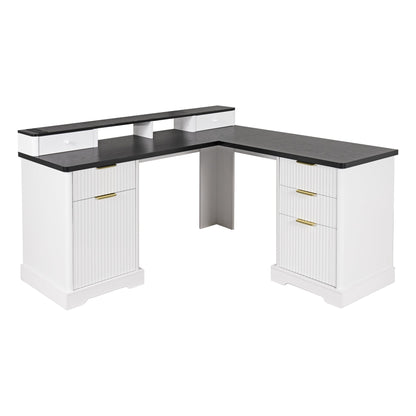 59" Modern Fluted L-Shaped Desk with Charging Station & Storage Cabinet - Home Office Computer Desk with Monitor Stand