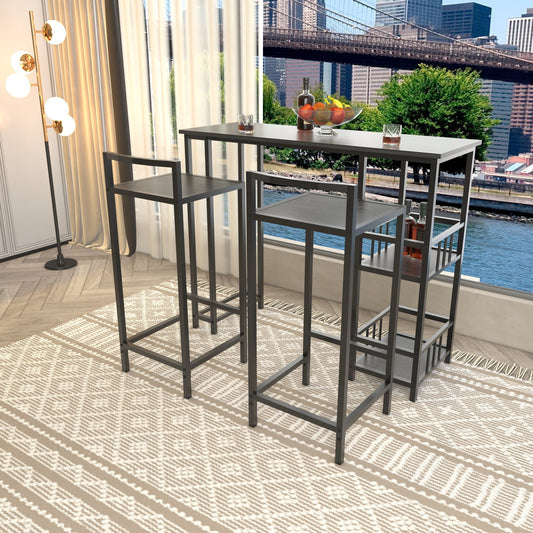 3 Piece Counter Height Bar Table Set with 2 Backless Bar Stools, Rectangular Pub High Table with 3-Tier Side Storage Shelves, Industrial Wood Grain Bar Furniture for Balcony Kitchen Small Home Bar