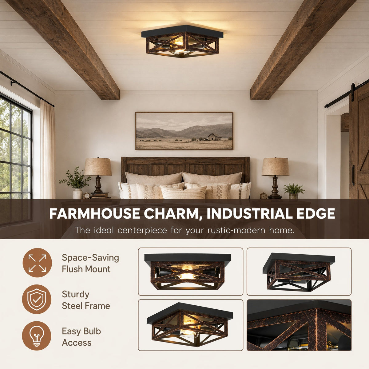 2 Pack 2-Light Matte Bronze Farmhouse Square Flush Mount Ceiling Light, Vintage Hollow Geometric Iron Cage Ceiling Lamp, Industrial Close to Ceiling Lighting for Dining Room(No light bulb)