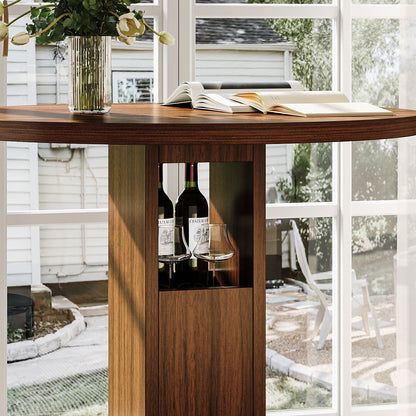 3-Piece Bar Table and Stool Set 31.5-inch round bar table with two stools Compact wooden dining bar with metal ring footrest Ideal, cafes – Walnut