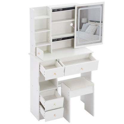 29.2" Small Size Left Drawer Desktop Vanity Table + Cushioned Stool, 2 AC+2 USB Power Station, Hair dryer bracket