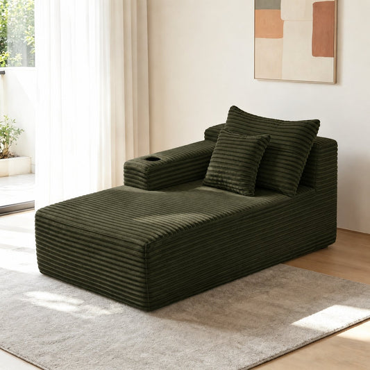 37.5-inch left chaise longue with velvet, cup holder, flexible matching, mainly for living room use. (Plush Fabric)Green