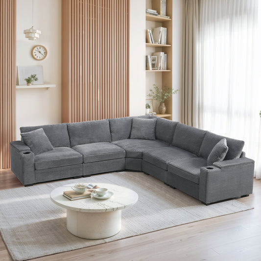 104" Convertible L-Shaped Sectional Sofa, Corduroy Corner Couch with Armrest Storage, Cup Holders, USB Charger, Irregular Corner