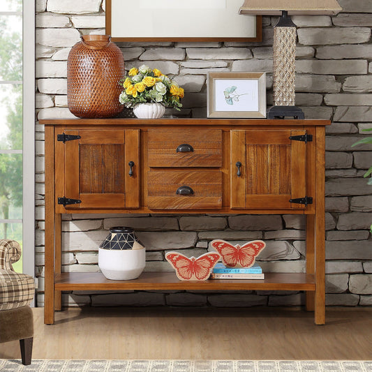 46'' Solid Wood Sideboard Console Table with 2 Drawers and Cabinets and Bottom Shelf, Retro Style Storage Dining Buffet Server Cabinet - Brown