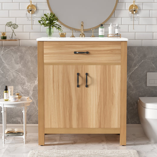 30" Wood Bathroom Vanity with Solid Wood Frame, 2 Soft Close Doors,1 Flip Drawer, Adjustable Shelf, Modern Storage Cabinet
