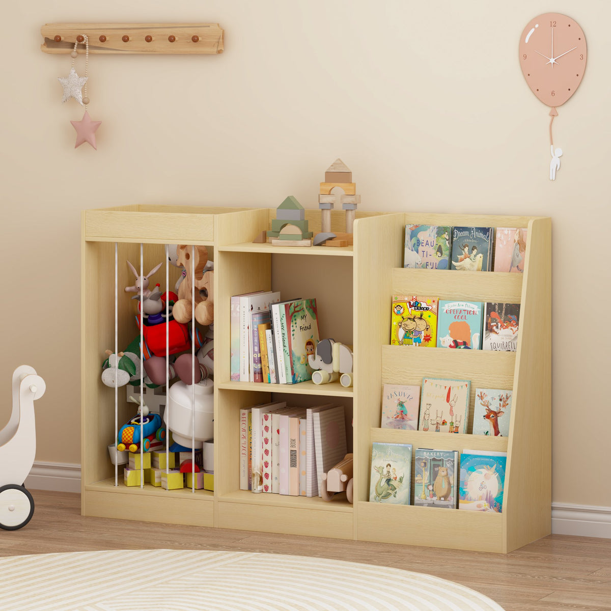 3-in-1 Kids Bookshelf and Toy Storage, 4-Tier Book Shelf for Kids Rooms, Sling Baby Bookcase with Stuffed Animal Storage, Toddler Montessori Bookshelf for Nursery, Playroom, Kindergarten, Natural