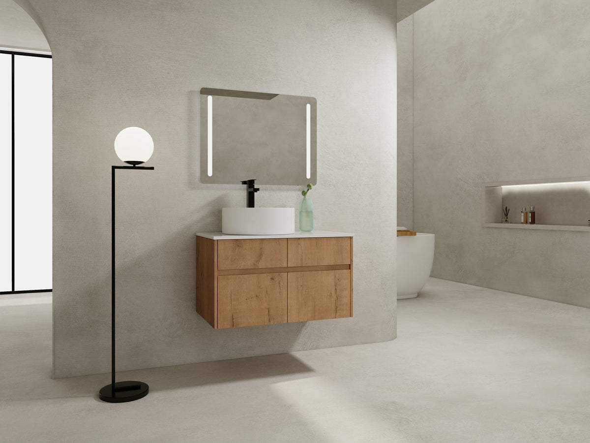 32(31-1/2") Inch Wall-Mounted Bathroom Vanity with Ceramic Art Sink and Countertop Flat Plate, 2-Soft Close Doors and 1-Drawer, KD-Packing, Plywood - BAB3098MOWH