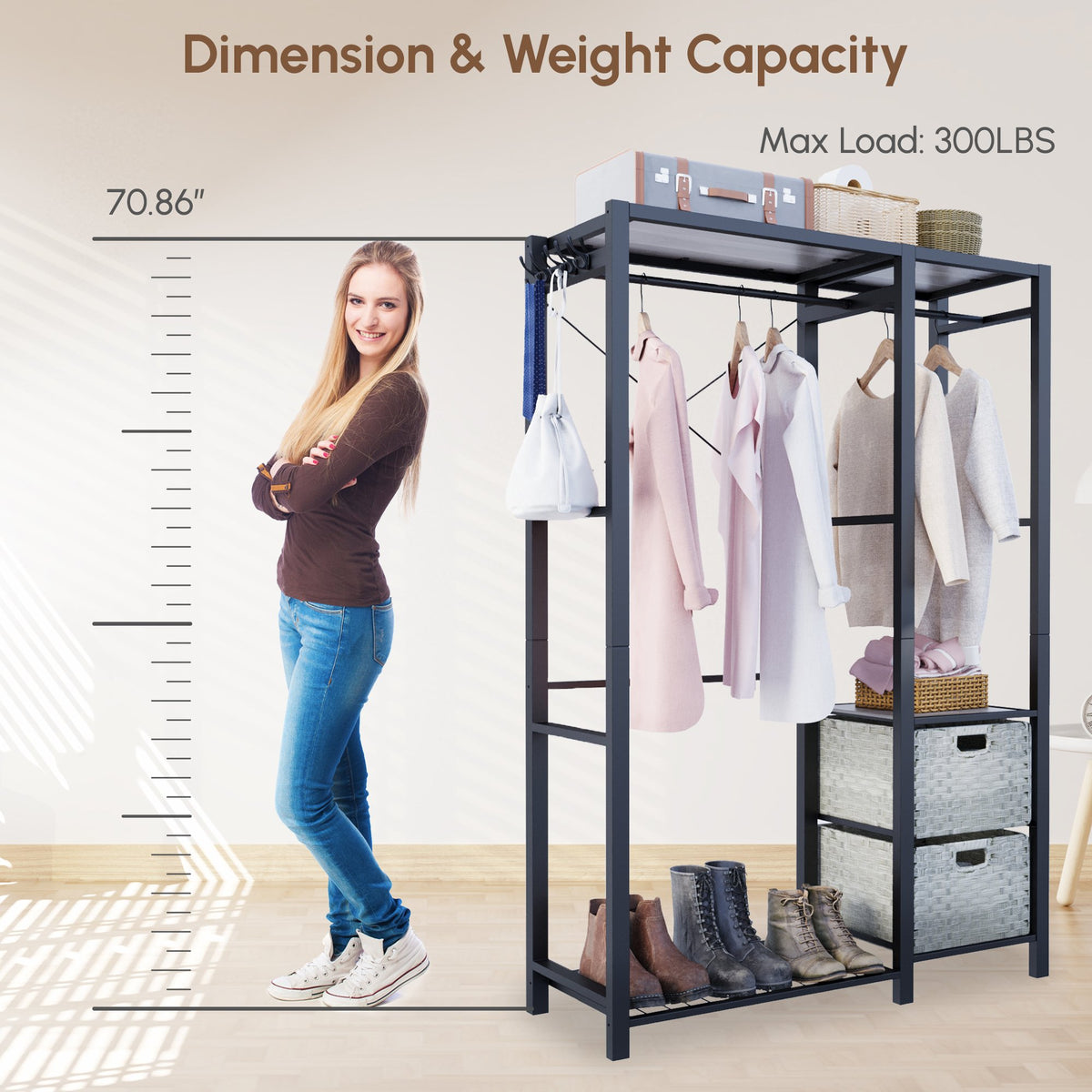 Acacia Wood Garment Racks with Shelves 2 Wicker Drawers and 4 Hooks Heavy Duty Closet Organizer for Hanging Clothes, Freestanding Closet Wardrobe Rack, Light Gray