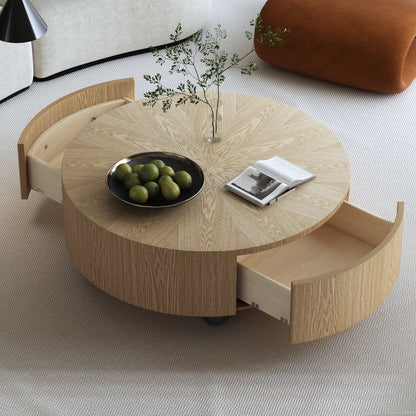 35.4" Round Wood Coffee Table with Storage for Small Spaces, Rustic Cocktail Living Room Table