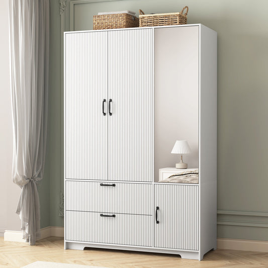 4 Doors Wardrobe Closet with Mirror, LED Wardrobe with Doors and 2 Drawers, Wooden Wardrobe Storage Cabinet with Hanging Rod – Model W409S00009