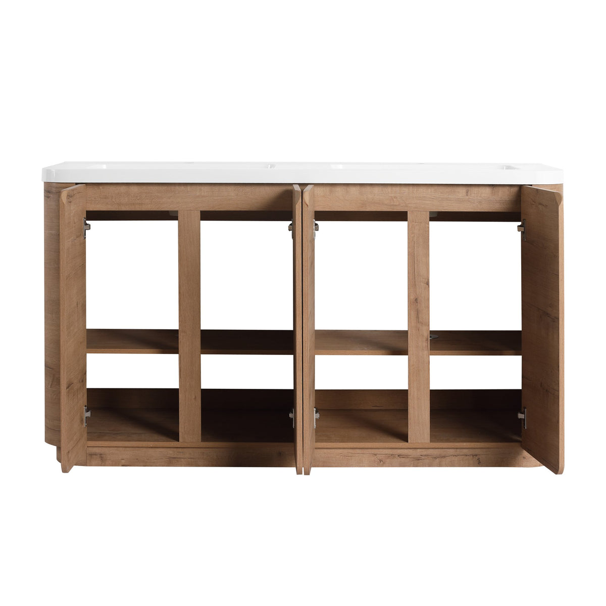 60'' Freestanding Bathroom Vanity with White Resin Sink, 4-Soft-Close Door, KD-Packing, Plywood, Imitative Oak