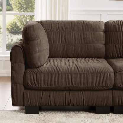 4 Seat Ruched Detailing Chenille Modular Sectional Sofa,Movable Ottoman,High-Density Foam,L Shape Thickened  Back Cushions,Easy Assembly,For Living Room,Bedroom,Brown