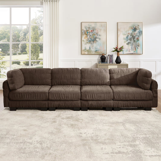 4 Seat Ruched Detailing Chenille Modular Sectional Sofa,High-Density Foam,L Shape Thickened  Back Cushions,Easy Assembly,For Living Room,Bedroom,Brown
