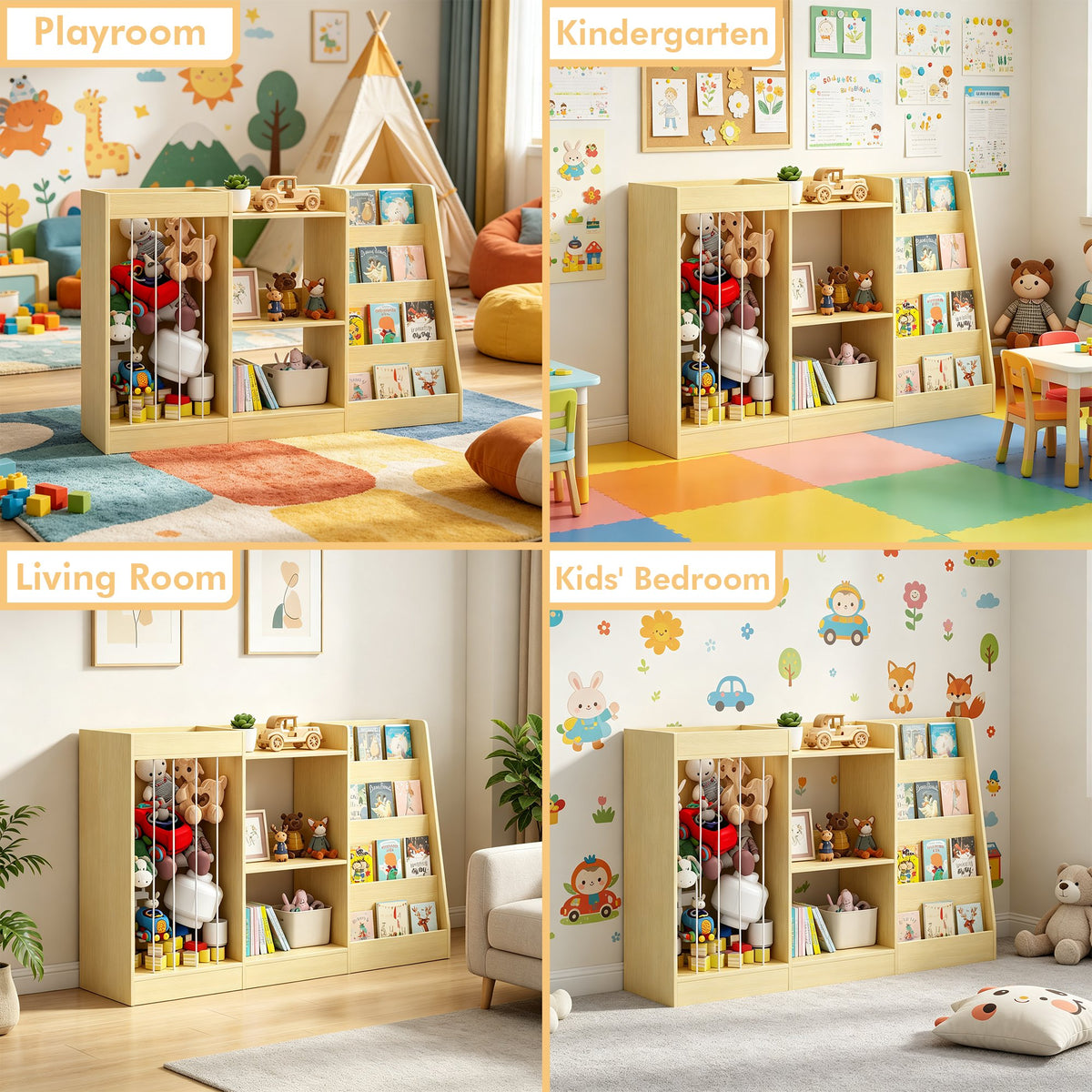 3-in-1 Kids Bookshelf and Toy Storage, 4-Tier Book Shelf for Kids Rooms, Sling Baby Bookcase with Stuffed Animal Storage, Toddler Montessori Bookshelf for Nursery, Playroom, Kindergarten, Natural