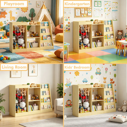 3-in-1 Kids Bookshelf and Toy Storage, 4-Tier Book Shelf for Kids Rooms, Sling Baby Bookcase with Stuffed Animal Storage, Toddler Montessori Bookshelf for Nursery, Playroom, Kindergarten, Natural