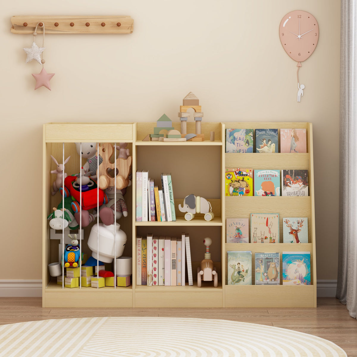 3-in-1 Kids Bookshelf and Toy Storage, 4-Tier Book Shelf for Kids Rooms, Sling Baby Bookcase with Stuffed Animal Storage, Toddler Montessori Bookshelf for Nursery, Playroom, Kindergarten, Natural