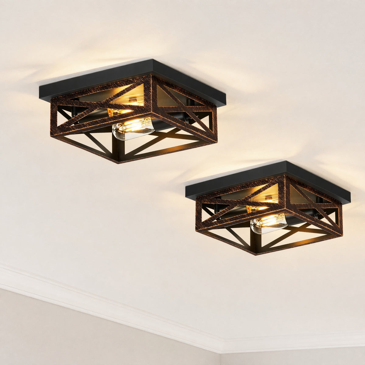 2 Pack 2-Light Matte Bronze Farmhouse Square Flush Mount Ceiling Light, Vintage Hollow Geometric Iron Cage Ceiling Lamp, Industrial Close to Ceiling Lighting for Dining Room(No light bulb)