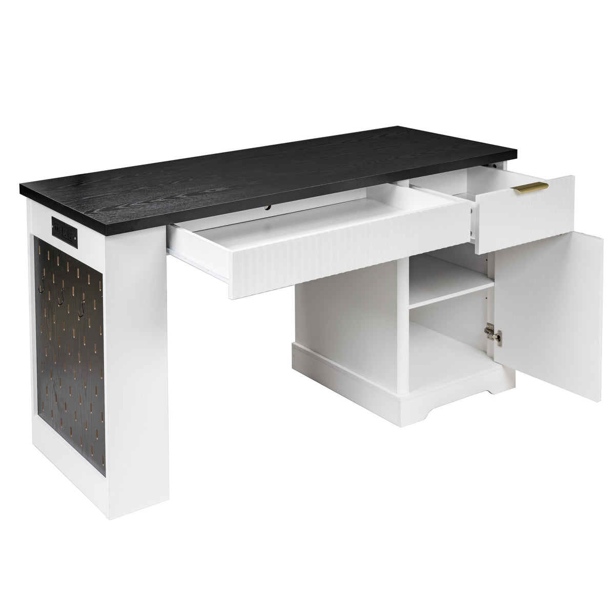 55" Modern Fluted Office Desk with Storage Cabinet & Drawers, Computer Writing Desk with Power Outlet, Pegboard