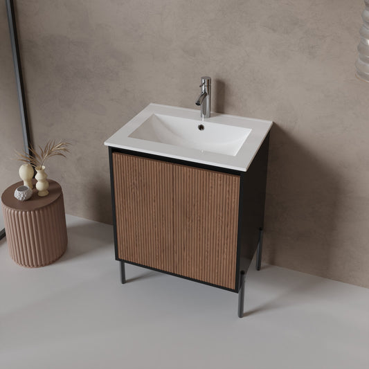24" Modern Bathroom Vanity with Sink and Pop-up Drain Combo, Adjustable Height Freestanding Cabinet, Soft-Close Doors & Adjustable Shelf, Walnut & Black Finish (Mirror Not Included)