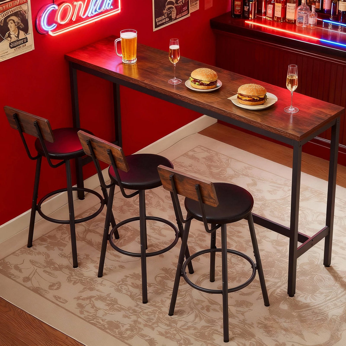 Bar Table and Chairs Set for 3, 4 Piece Industrial Dining Table Set with 3 PU Upholstered Bar Stools, Bar Table Set, Small Space Corner