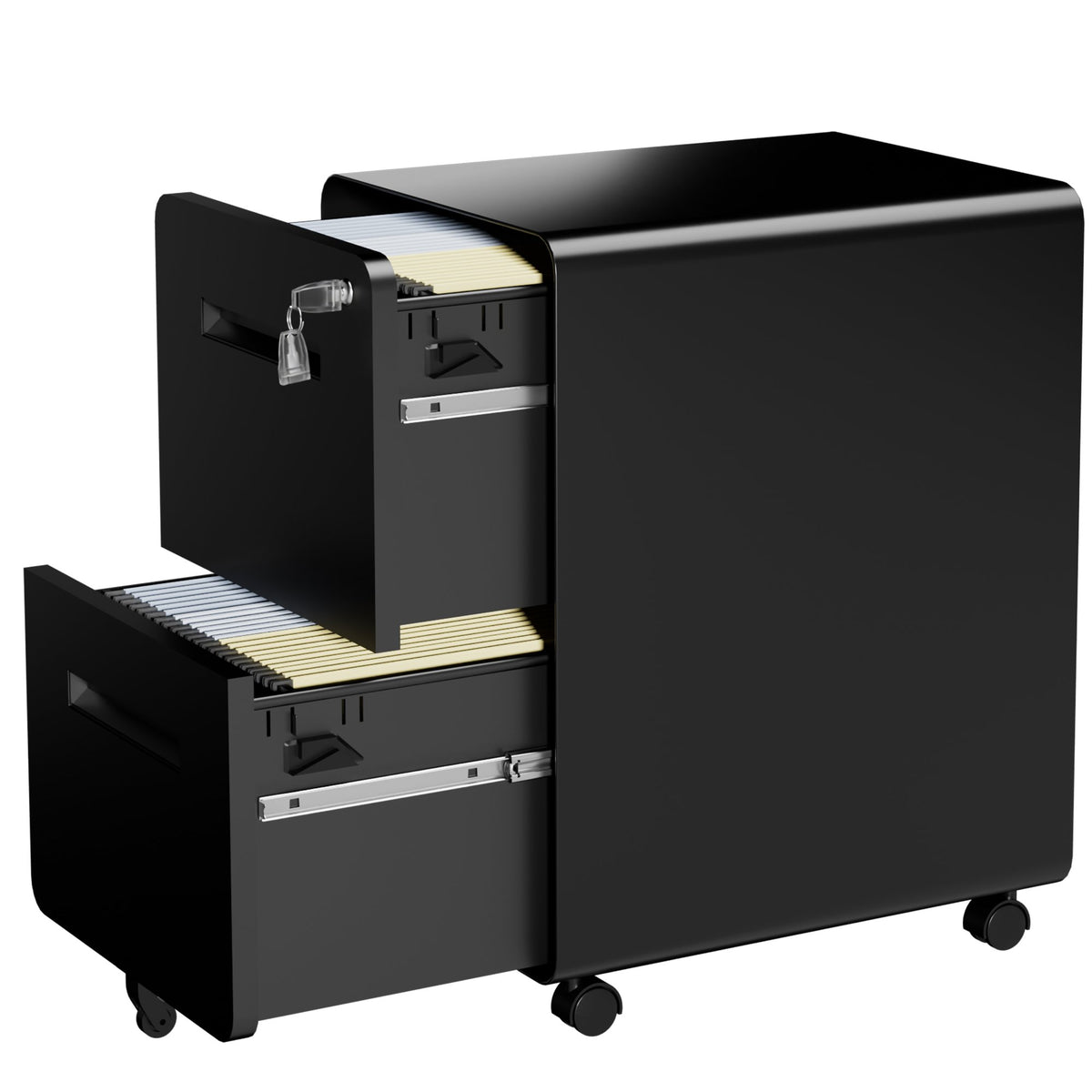 2 Drawer Metal Mobile File Cabinet with Lock, All-Steel Metal Storage Cabinet on 360° Wheels, Fully Assembled, Holds A4/Letter/Legal Files, Black Steel Office Storage Cabinet for Home Office