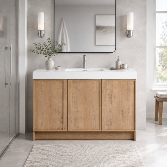 48'(47-1/4')Freestanding Bathroom Vanity with Resin Sink, 3 Soft-Close Doors, Imitative Oak Finish, Plywood