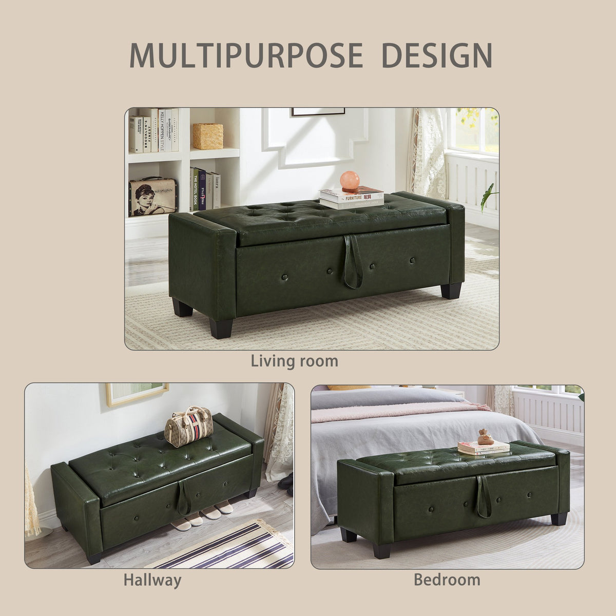 48" Ottoman Bench with Storage, Upholstered Tufted Faux Leather PU Ottoman Dark Green