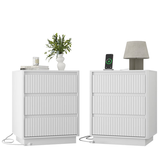 (Set of 2)End Table with Fast USB C Charging Station, Sofa Side Table with 3Drawers, Large Storage Modern Wood Storage Cabinet, White