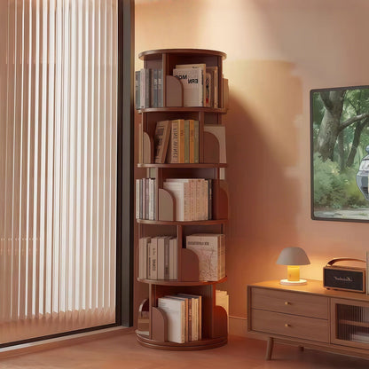 5 Tier Rotating Bookshelf, 360° Display Round Spinning Bookshelf, Space-Saving, Small Space Rotating Bookshelf Tower, Walnut