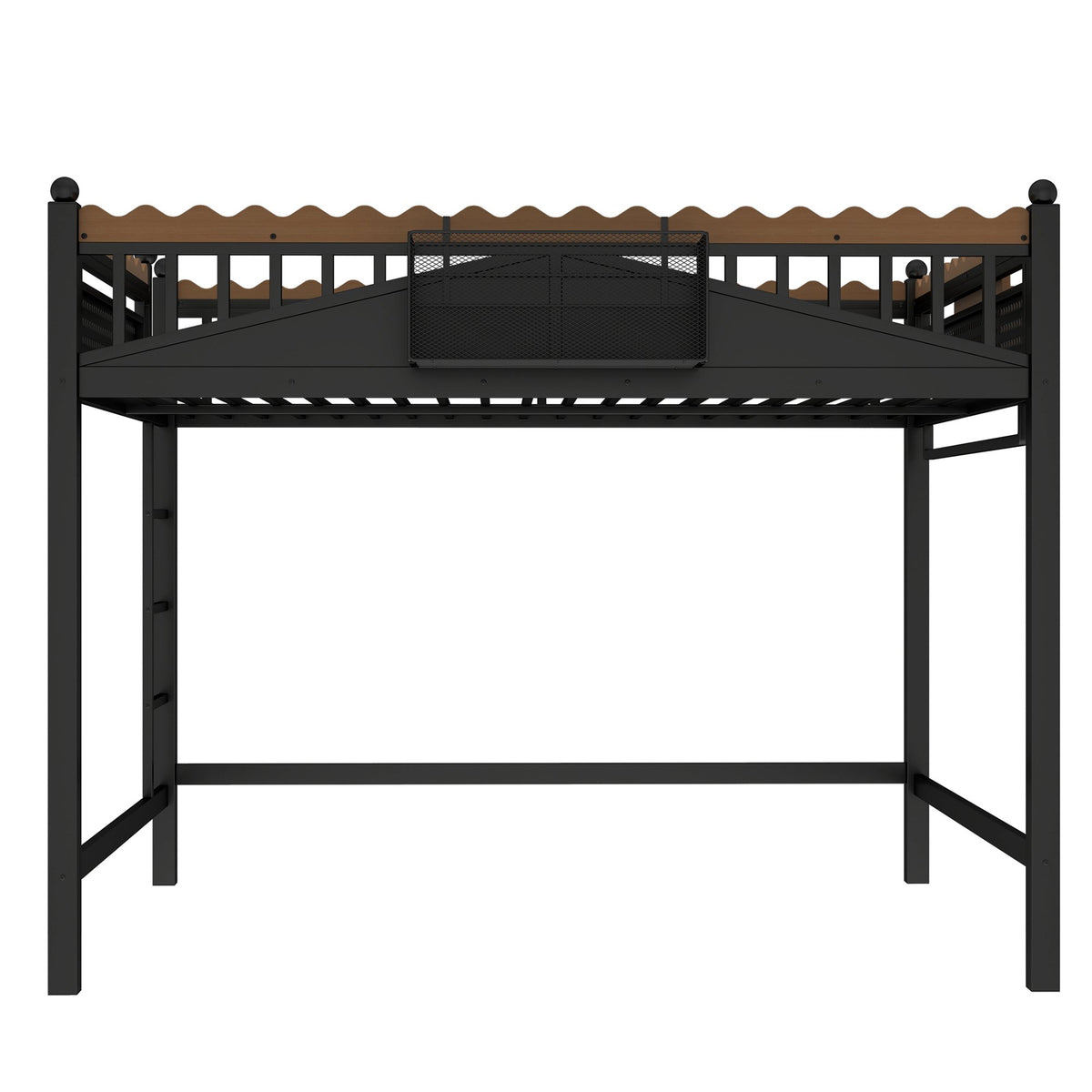 Queen Size Loft Bed with Ladders, Metal Loft Bed with Storage Shelves and bookshelf, No Box Spring Needed and Chic Design, Black