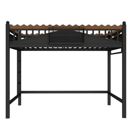 Queen Size Loft Bed with Ladders, Metal Loft Bed with Storage Shelves and bookshelf, No Box Spring Needed and Chic Design, Black