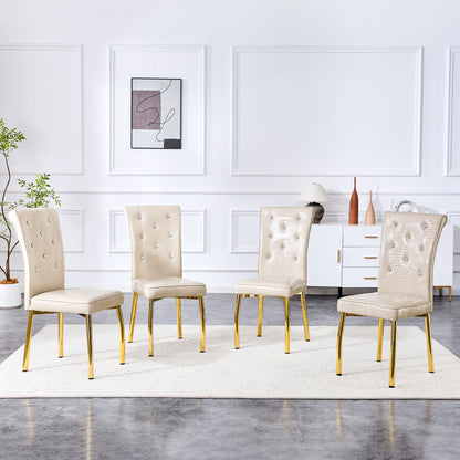 A set of 2 beige and gold vintage crocodile leather cushioned dining chairs, featuring crystal clasp design and artificial leather design, adding a touch of elegance and mystery to the dining area