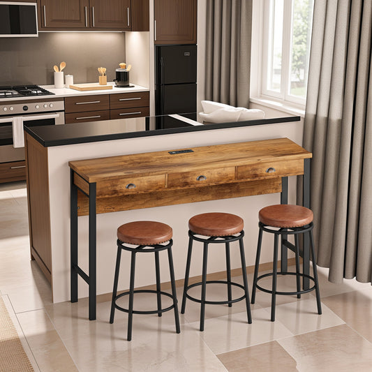 3-Drawer Long Dining Table Set with Power Outlets, Bar Kitchen Table Set with Circular PU Stools, Easy Assemble, Brown