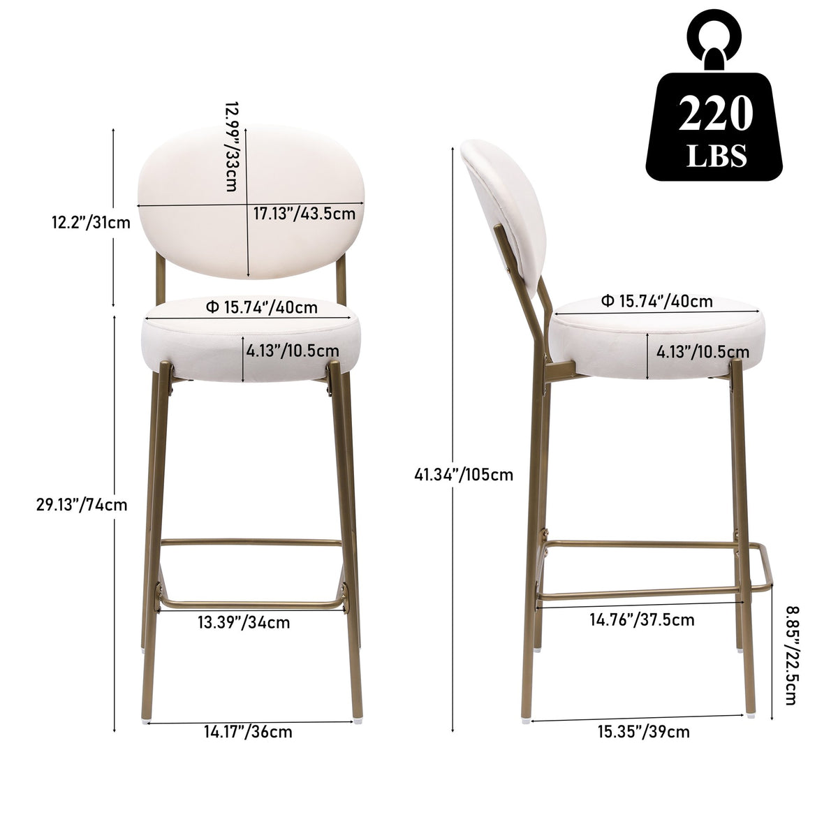 29'' Upholstered Bar Stools Velvet Counter Stool with Backrest & Footrest Set of 2 Round Dining Chairs for Kitchen(Creamy White)