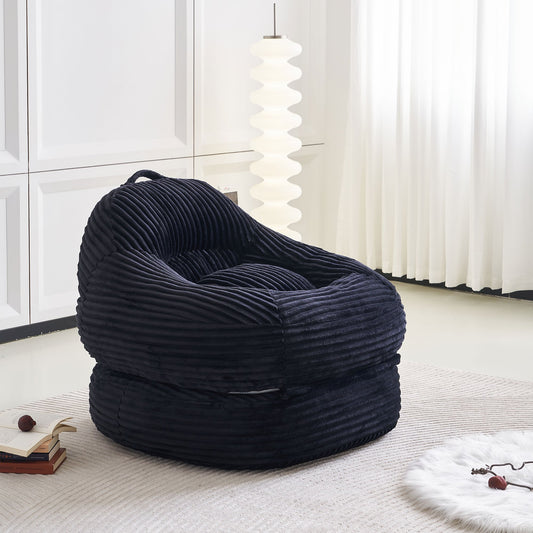 39.37'' Width Oversized Corduroy Bean Bag Chair Bed, 2-in-1 Folding Lazy Sofa Chair with Handle, Convertible Lounge Sleeper Bed for Living Room, Bedroom, and Guest Room, Black Color