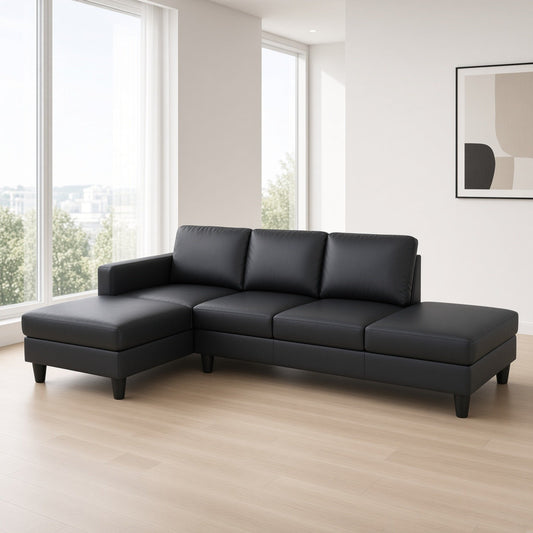101.5" Black 2-Piece Faux Leather Fabric L-Shaped Sectional Sofa with Left Chaise & Ottoman