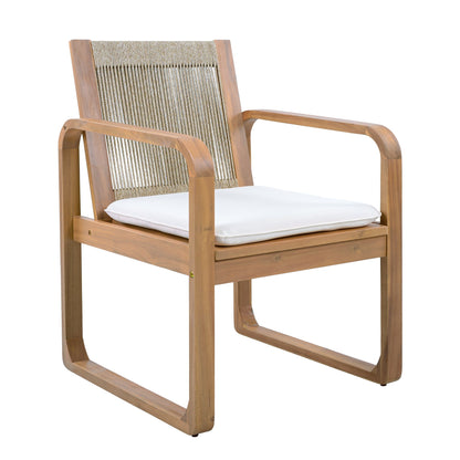 2-Piece Outdoor Dining Chairs Set: Acacia Wood with Multi Brown Rope Back & Beige Cushion, Water Repellent Fabric, 400 lbs Capacity, Light Teak Finish
