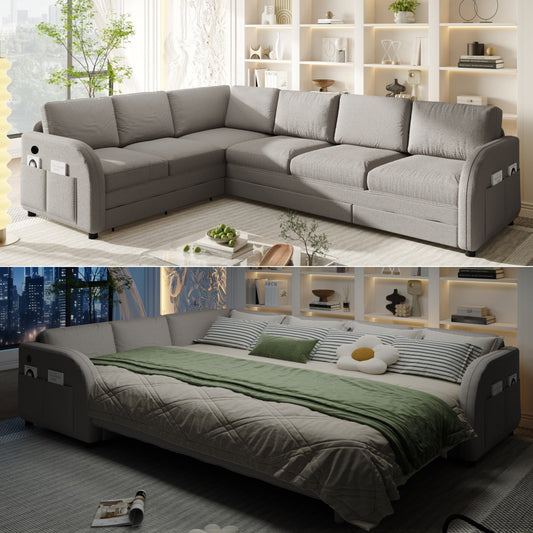 115.2" L-Shaped Sofa Couch with Pull-Out Bed,Oversize Convertible Sleeper Sofa with side Pocket & USB Port,Sherpa Fleece Upholstered with Convert Left/Right Facing, Light Grey(Old Sku:W1885S00317)