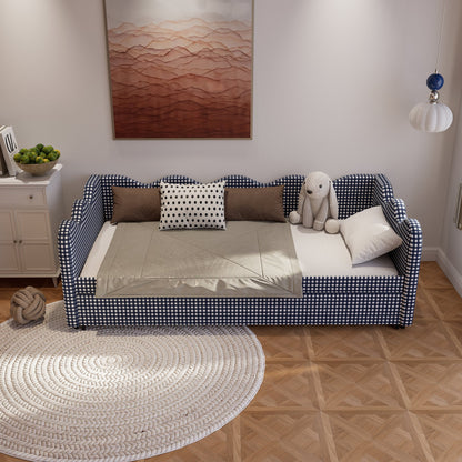 2 in 1 Convertible Sofa Bed, Plaid Fabric Couch Bed with USB Port, Triple Reinforced Frame, Solid Wood Slats, Noise-Free & Anti-Sagging, Space Saving Furniture for Small Space, Kids Room, Guest Room