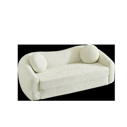 86-inch Curved Convertible Sofa Recliner, 2-in-1 Frameless Folding Sofa Bed with Pull-Out Base and Deep Seat Design, Chenille Two-Seater Reclining Sofa, No Assembly Required  beige